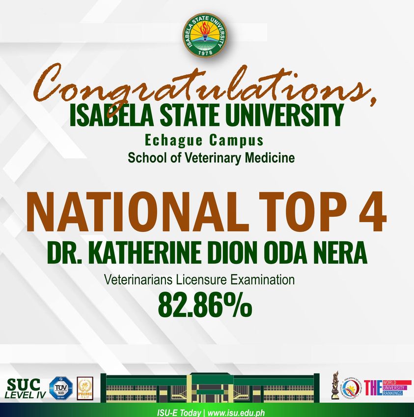 JUST IN | DR. DR. KATHERINE DION ODA NERA of Isabela State University - Echague Campus landed as NATIONAL TOP 4 in the October 2023 Veterinarians Licensure Examination!