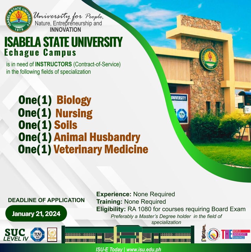 𝐏𝐑𝐄𝐒𝐒 𝐑𝐄𝐋𝐄𝐀𝐒𝐄 | ISABELA STATE UNIVERSITY Echague Campus is in need of Instructors under Contract-of-Service (COS)