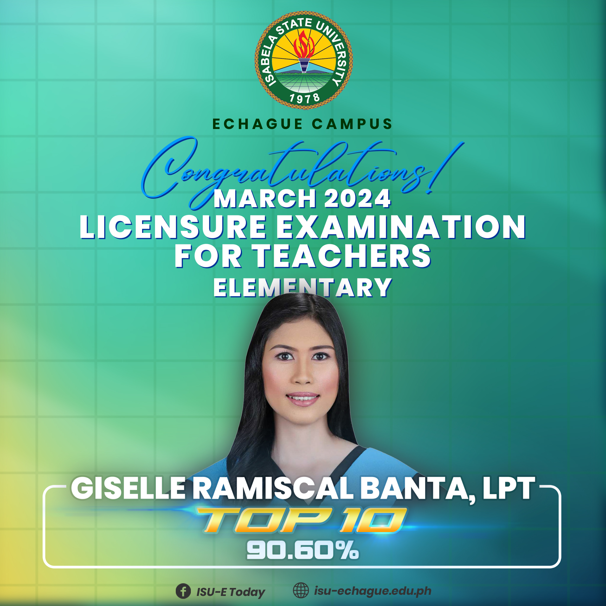 HATS OFF! | Congratulations to Ms. Giselle Ramiscal Banta for achieving an outstanding accomplishment! It is truly commendable to have passed the Licensure Examination for Teachers (Elementary Level) as the Top 10 at the National Level with an outstanding average of 90.60%. Your dedication, hard work, and passion for education shine brightly through your achievements. #OneISU #TatakISUan #SDG4QualityEducation