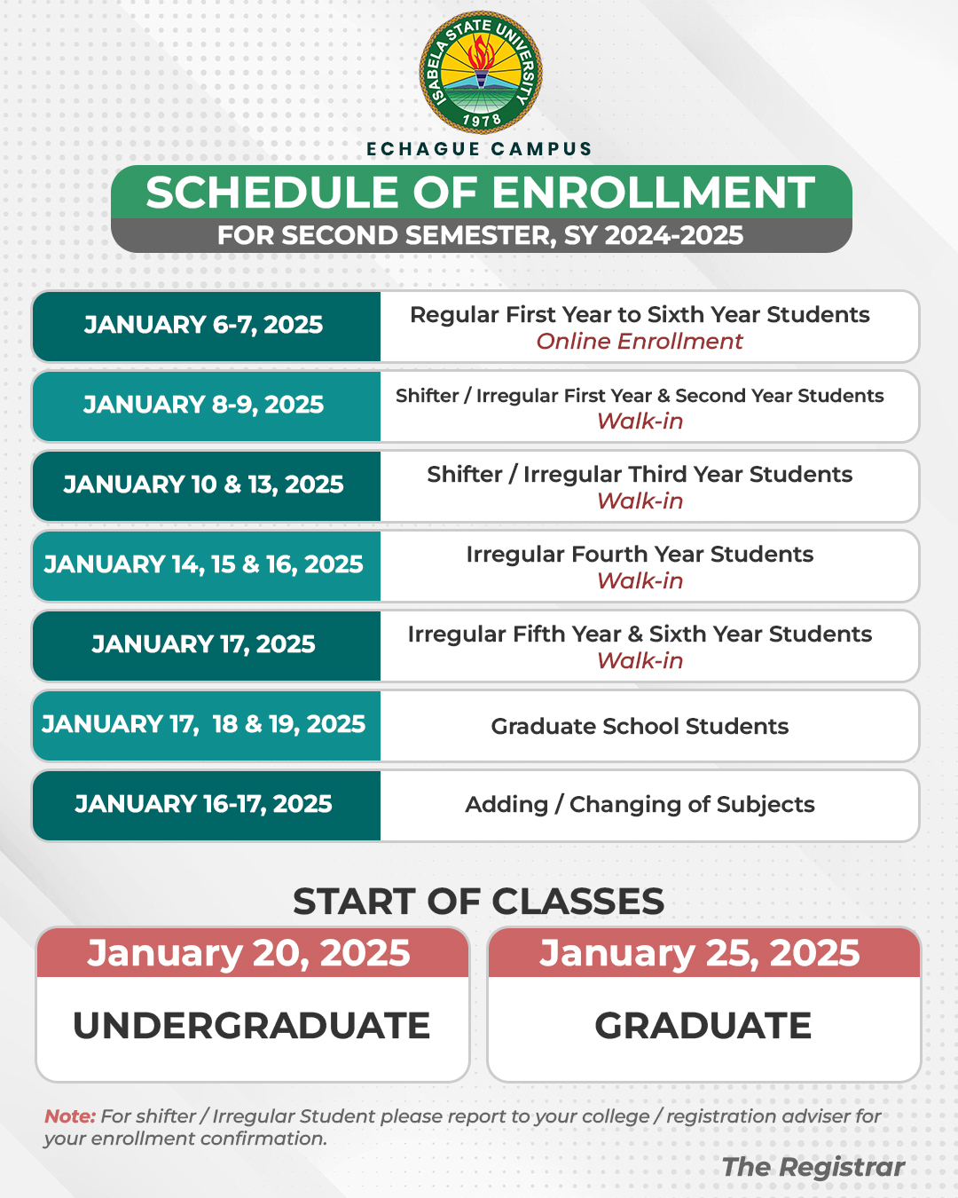 Here is the schedule of Enrolment for Second Semester, S.Y. 2024-2025