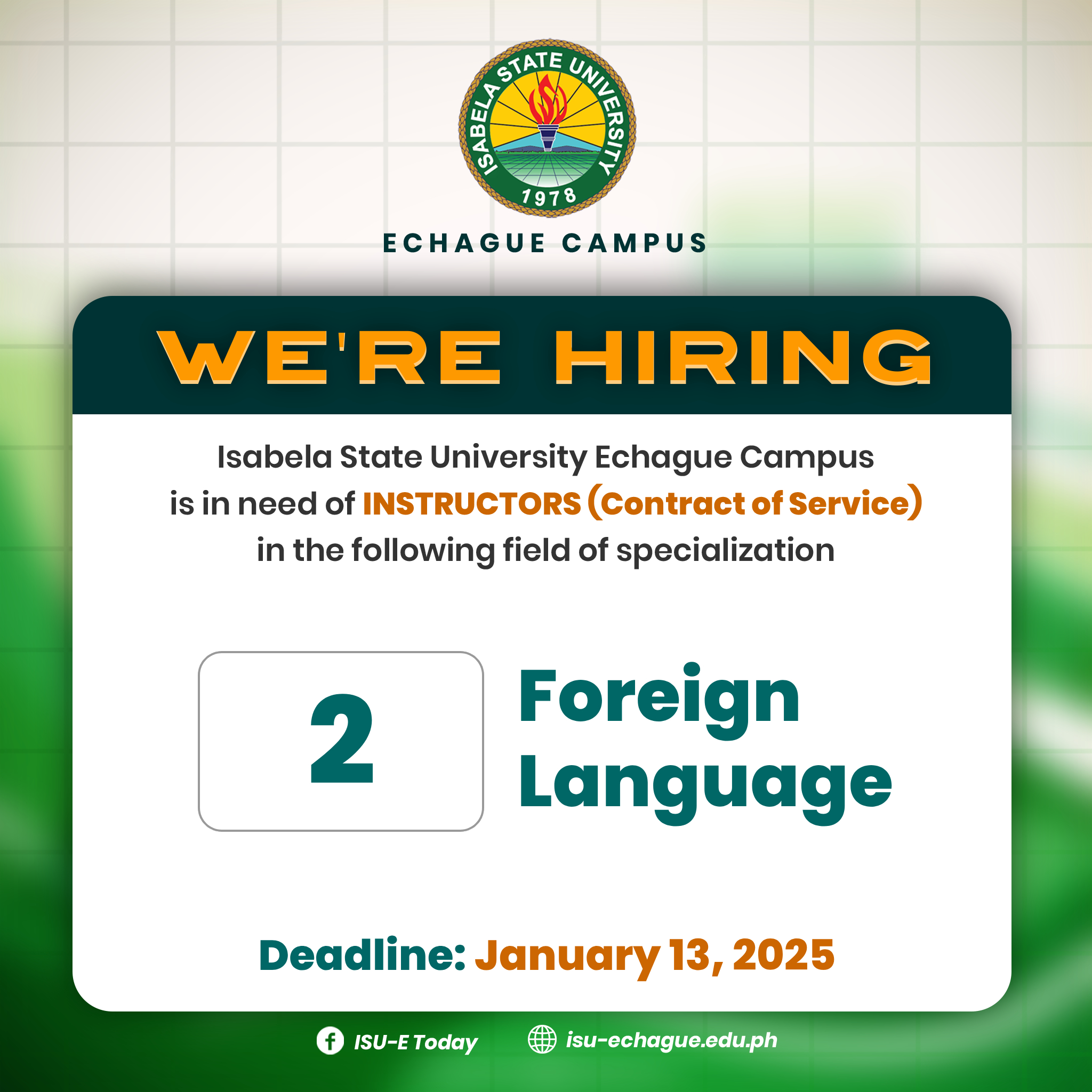 𝗪𝗘'𝗥𝗘 𝗛𝗜𝗥𝗜𝗡𝗚 | Isabela State University Echague Campus is in need of INSTRUCTORS (Contract-of-Service)