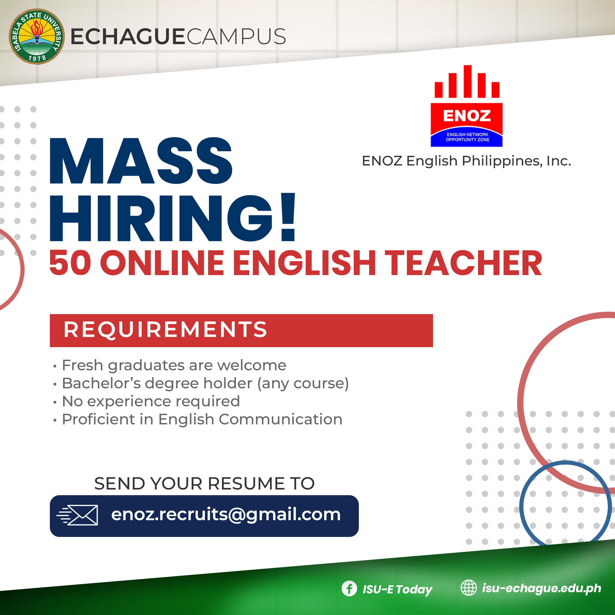 ATTENTION JOBSEEKERS! 📣 ENOZ English Philippines, Inc. needs 50 Online English Teachers. Here are the following requirements: • Fresh graduates are welcome • Bachelor’s degree holder (any course) • No experience required • Proficient in English Communication You may send your resume to 𝘦𝘯𝘰𝘻.𝘳𝘦𝘤𝘳𝘶𝘪𝘵𝘴@𝘨𝘮𝘢𝘪𝘭.𝘤𝘰𝘮, or visit their office from Monday to Friday, 1:00 PM to 5:00 PM at the 5F Fortune Building 144 Pasig Boulevard, Pasig City 1600