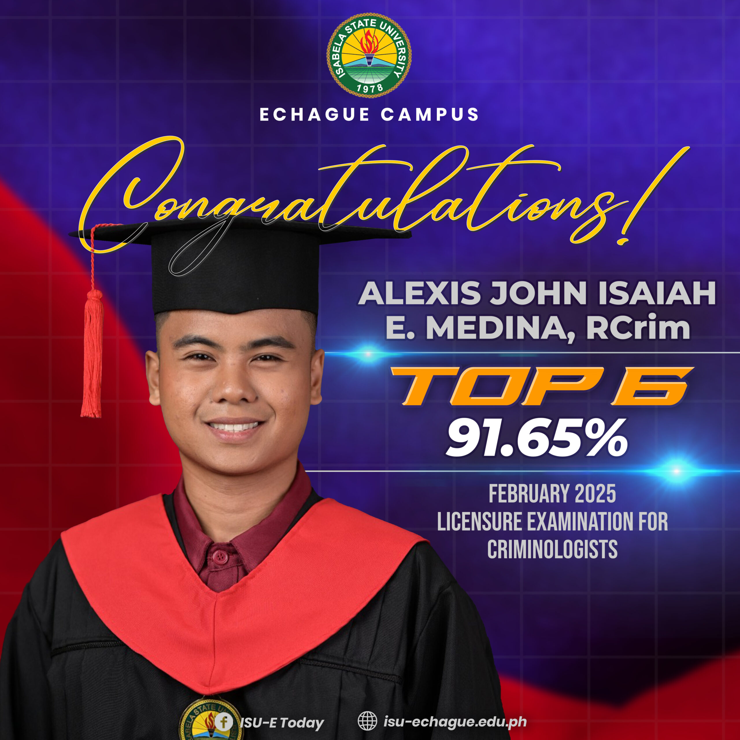 KUDOS! 🎉| Let’s celebrate the achievements of Mr. Alexis John Isaiah E. Medina, RCrim, for passing the recently concluded February 2025 Licensure Examination for Criminologists and secured the place of TOP 6 with an average of 91.65%!