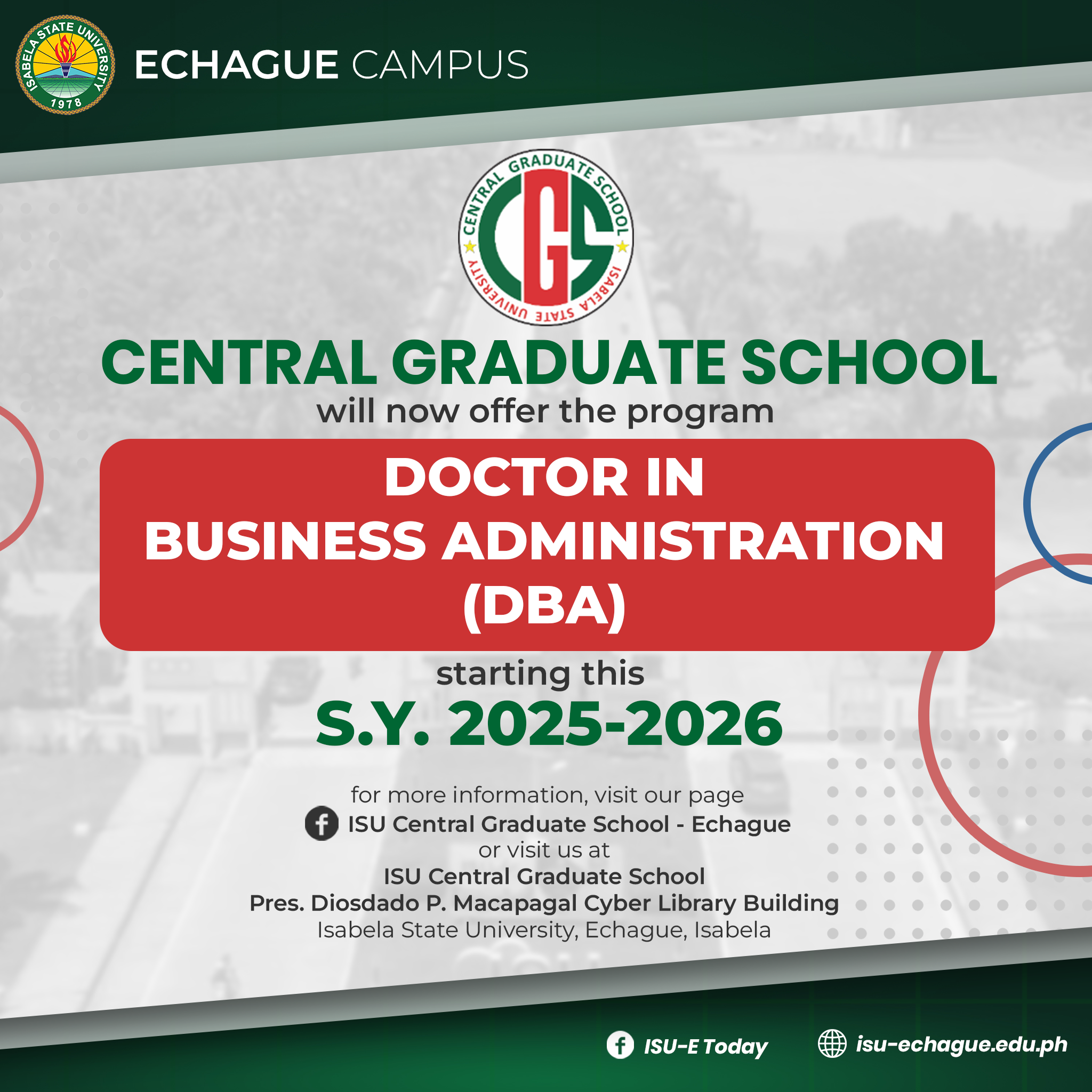 ANNOUNCEMENT! 📢 | Central Graduate School will now offer the program Doctor in Business Administration (DBA) for the SY 2025-2026