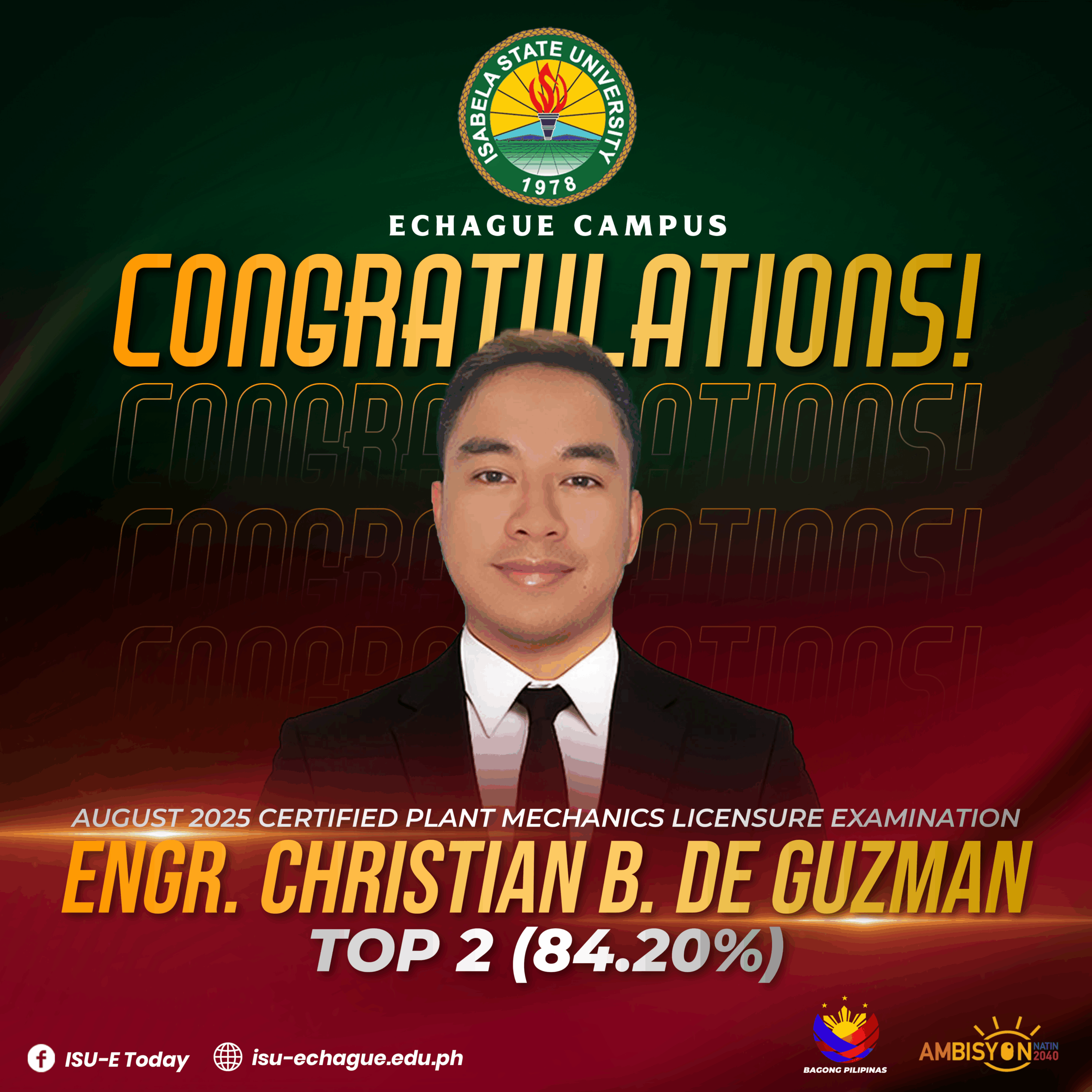 KUDOS! 🎉| We extend our heartfelt congratulations to Engr. Christian B. De Guzman for his outstanding achievement in the August 2025 Certified Plant Mechanics Licensure Examination!